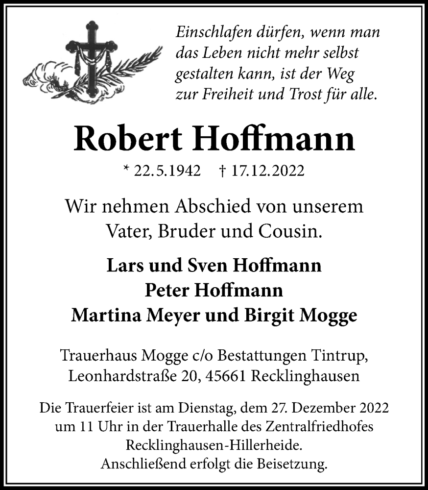  Traueranzeige für Robert Hoffmann vom 24.12.2022 aus Medienhaus Bauer