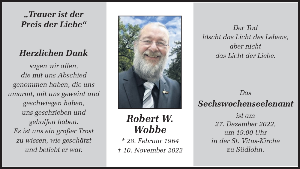  Traueranzeige für Robert W. Wobbe vom 23.12.2022 aus Münstersche Zeitung und Münsterland Zeitung