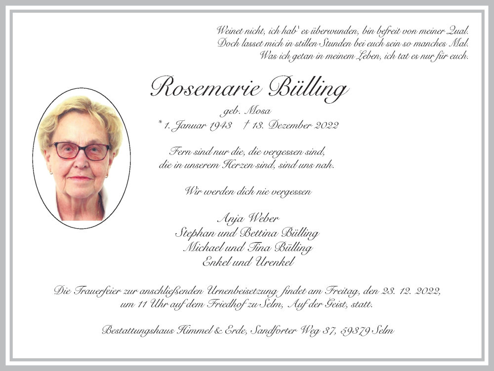  Traueranzeige für Rosemarie Bülling vom 20.12.2022 aus 