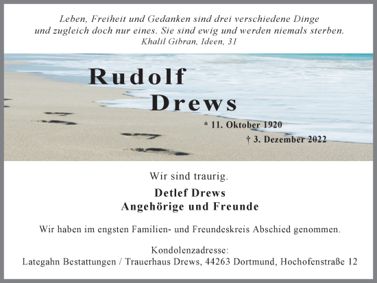 Traueranzeige von Rudolf Drews 