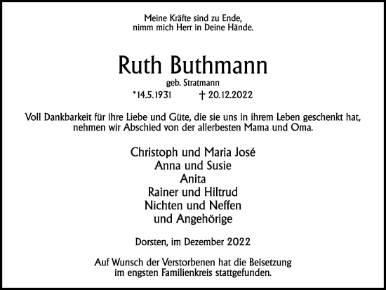 Traueranzeige von Ruth Buthmann von Ruhr Nachrichten und Dorstener Zeitung