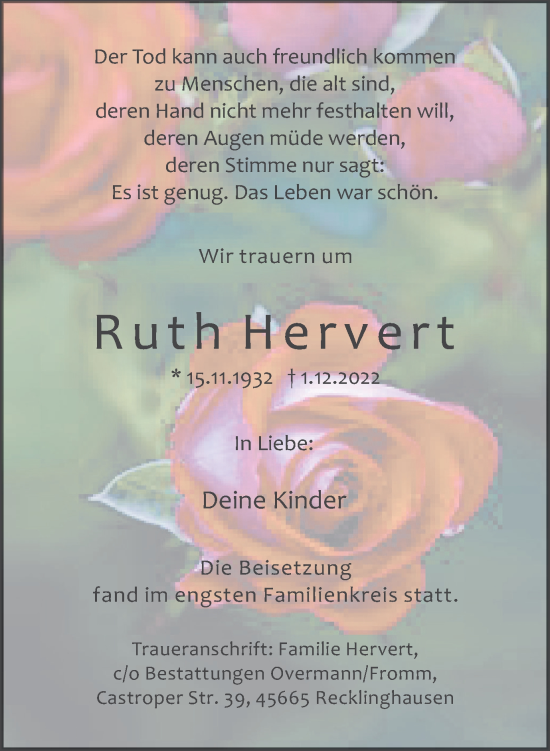 Traueranzeige von Ruth Hervert von Medienhaus Bauer