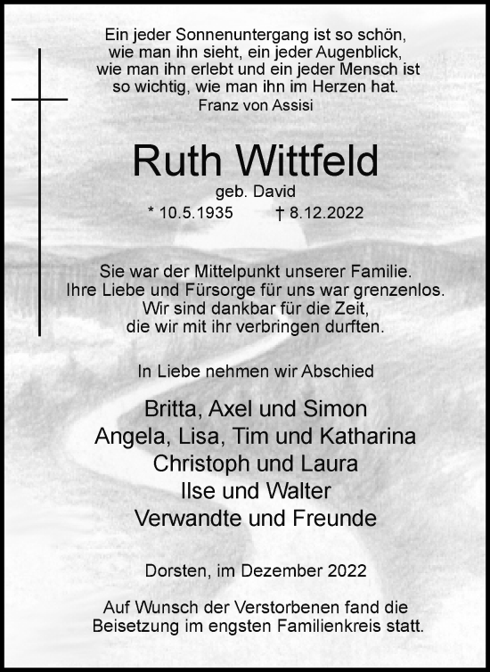 Traueranzeige von Ruth Wittfeld von Ruhr Nachrichten und Dorstener Zeitung