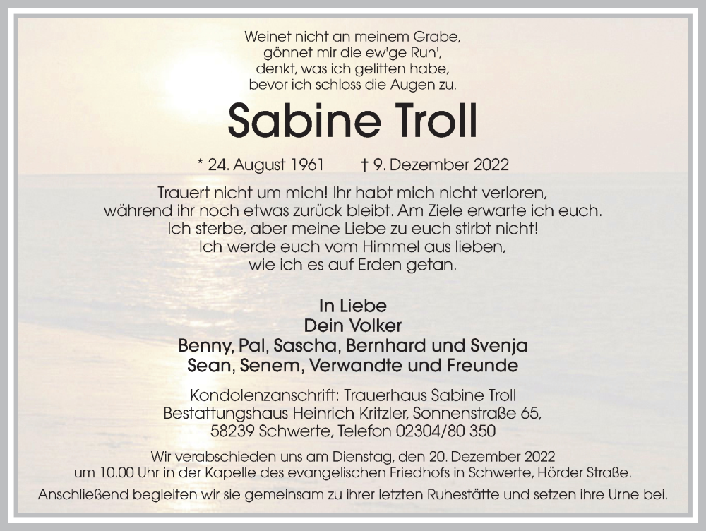  Traueranzeige für Sabine Troll vom 10.12.2022 aus Ruhr Nachrichten