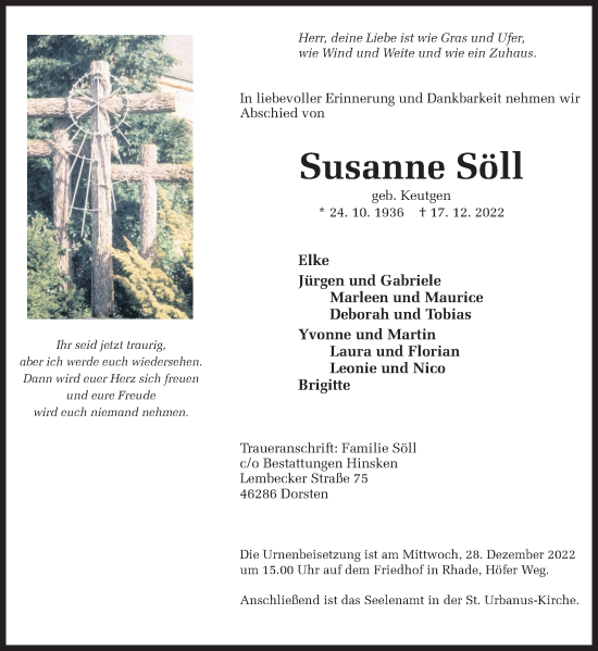 Traueranzeige von Susanne Söll von Ruhr Nachrichten und Dorstener Zeitung