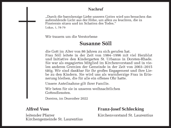 Traueranzeige von Susanne Söll von Ruhr Nachrichten und Dorstener Zeitung