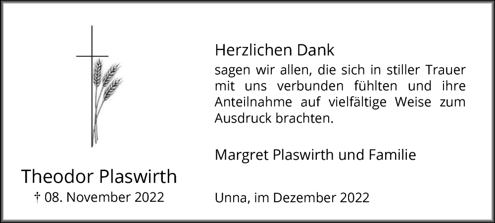  Traueranzeige für Theodor Plaswirth vom 17.12.2022 aus Hellweger Anzeiger