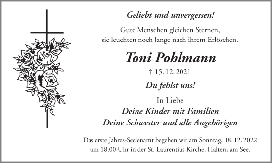 Traueranzeige von Toni Pohlmann von Ruhr Nachrichten und Halterner Zeitung