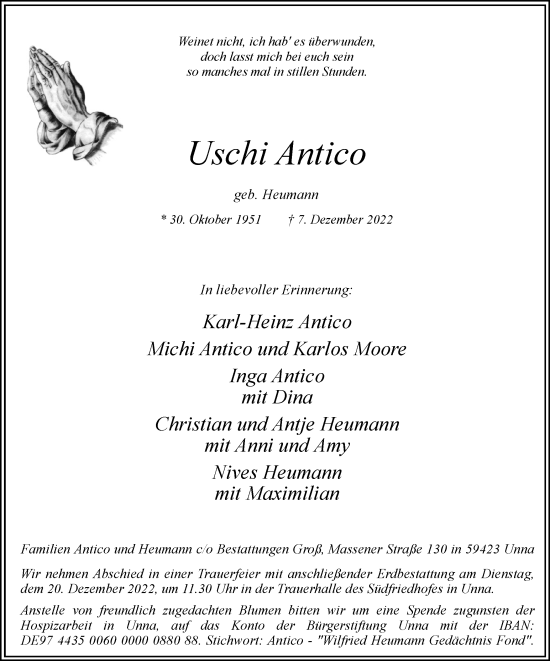 Traueranzeige von Uschi Antico von Hellweger Anzeiger