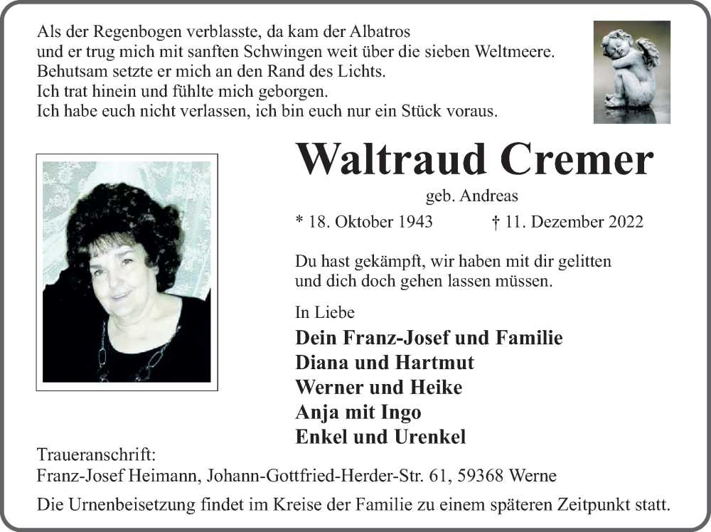  Traueranzeige für Waltraud Cremer vom 24.12.2022 aus Ruhr Nachrichten