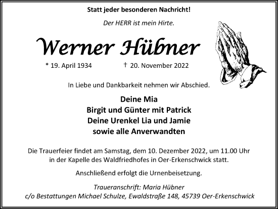 Traueranzeige von Werner Hübner von Medienhaus Bauer
