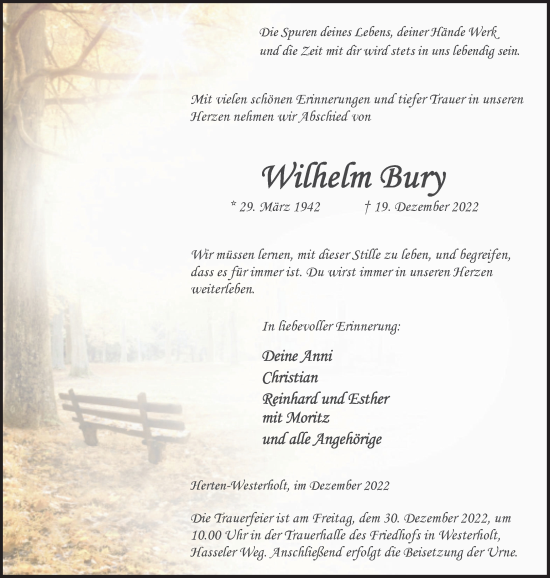 Traueranzeige von Wilhelm Bury von Medienhaus Bauer