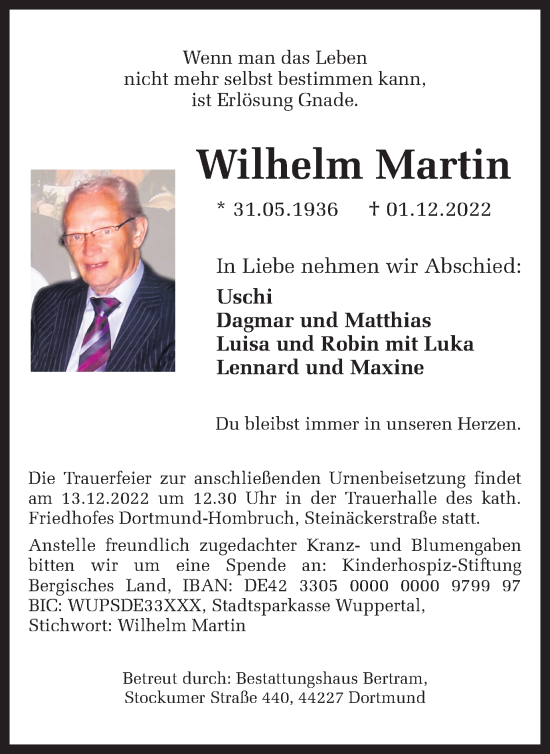 Traueranzeige von Wilhelm Martin 