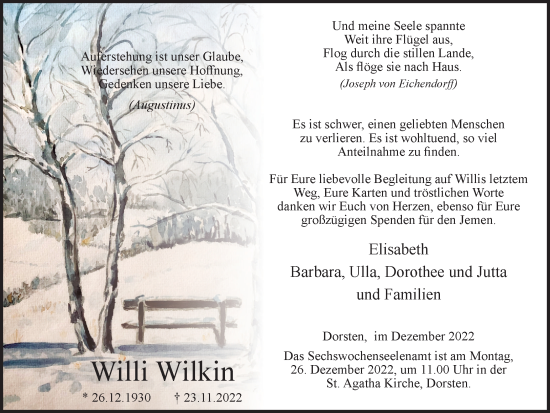 Traueranzeige von Willi Wilkin von Ruhr Nachrichten und Dorstener Zeitung