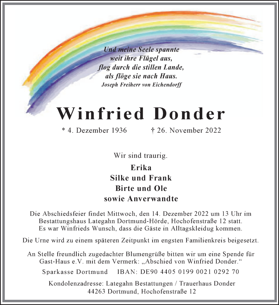  Traueranzeige für Winfried Donder vom 10.12.2022 aus 