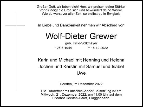 Traueranzeige von Wolf-Dieter Grewer von Ruhr Nachrichten und Dorstener Zeitung