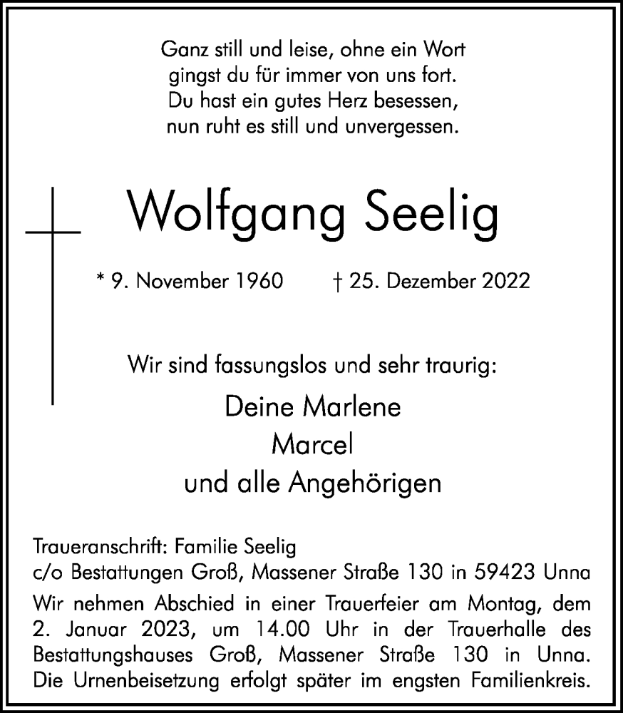  Traueranzeige für Wolfgang Seelig vom 28.12.2022 aus Hellweger Anzeiger