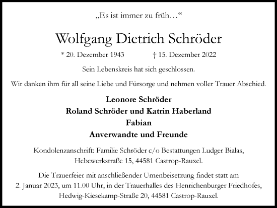Traueranzeige von Wolfgang Dietrich Schröder von Ruhr Nachrichten