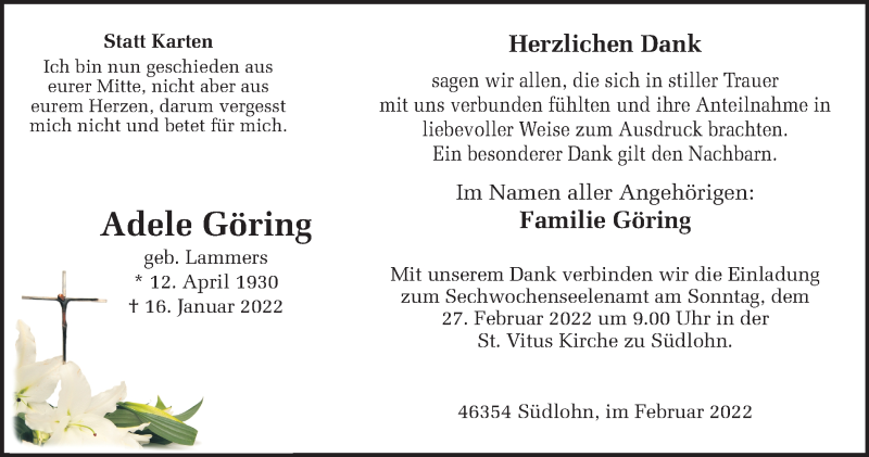  Traueranzeige für Adele Göring vom 24.02.2022 aus Münstersche Zeitung und Münsterland Zeitung