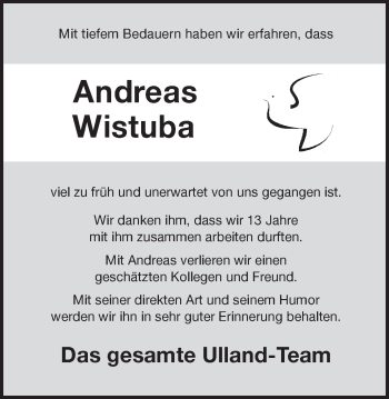 Traueranzeige von Andreas Wistuba von Münstersche Zeitung und Münsterland Zeitung