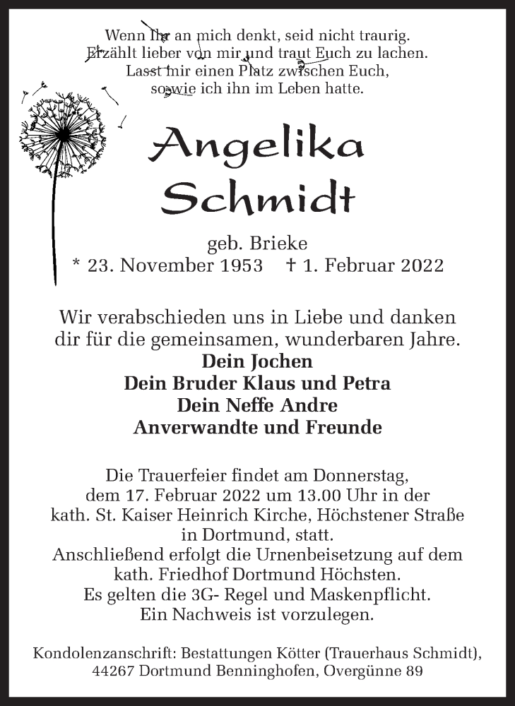  Traueranzeige für Angelika Schmidt vom 12.02.2022 aus 