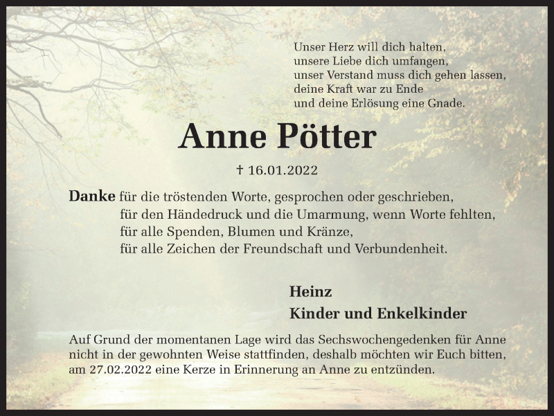  Traueranzeige für Anne Pötter vom 26.02.2022 aus Ruhr Nachrichten