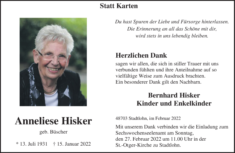  Traueranzeige für Anneliese Hisker vom 22.02.2022 aus Münstersche Zeitung und Münsterland Zeitung