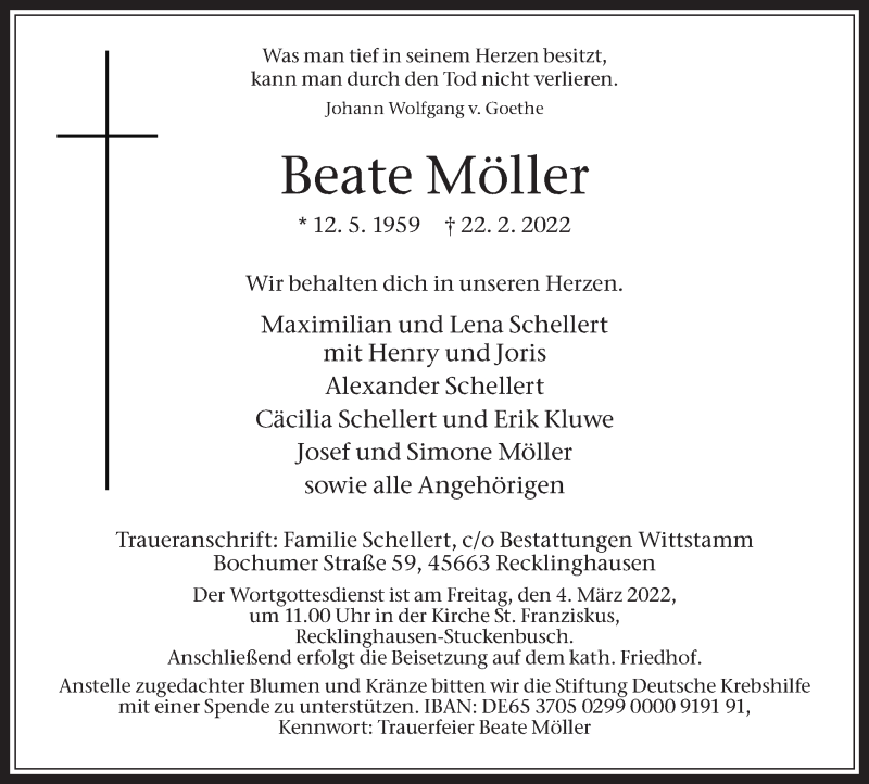 Traueranzeige für Beate Möller vom 26.02.2022 aus Medienhaus Bauer