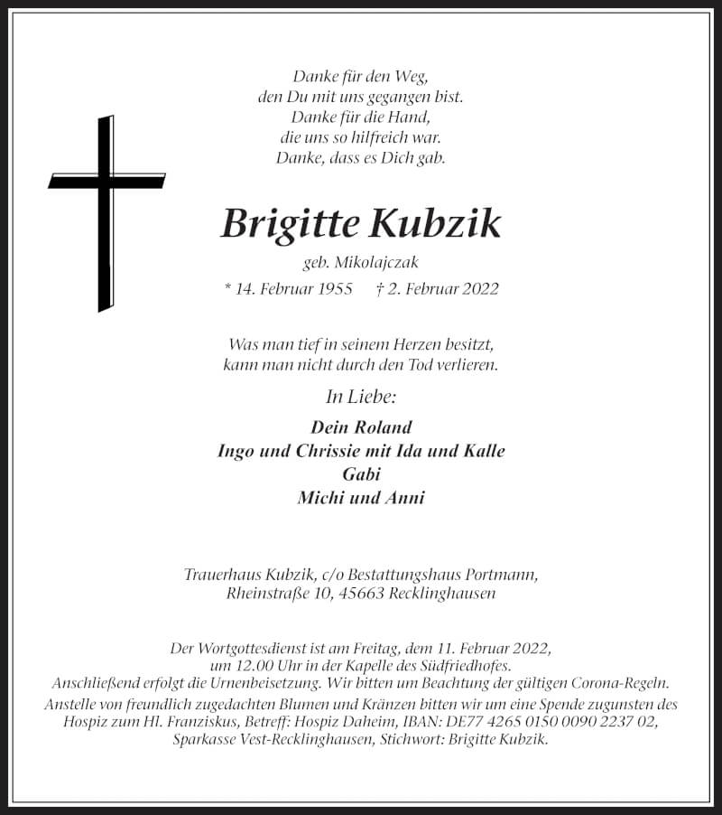  Traueranzeige für Brigitte Kubzik vom 05.02.2022 aus 