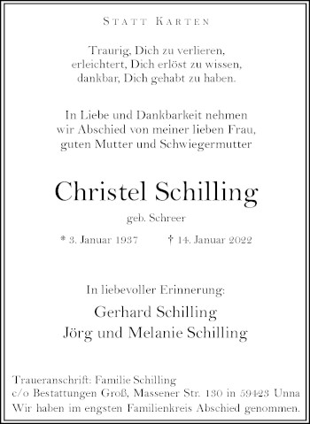 Traueranzeige von Christel Schilling