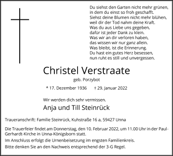 Traueranzeige von Christel Verstraate von Hellweger Anzeiger