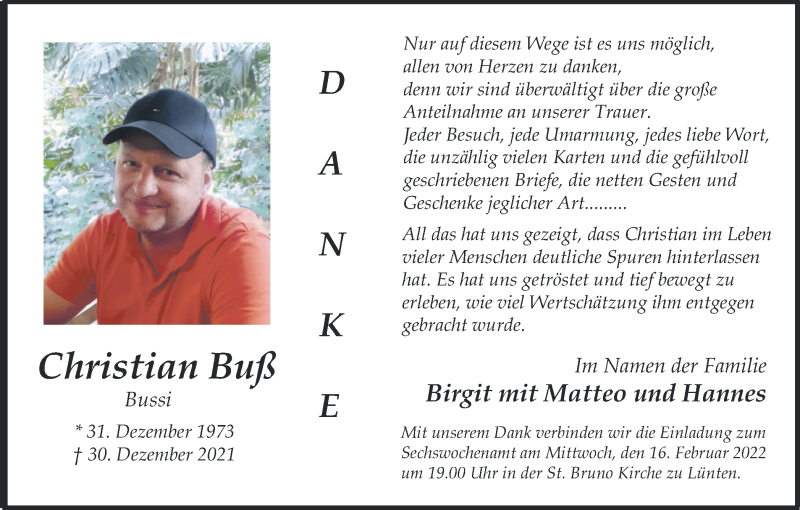  Traueranzeige für Christian Buß vom 12.02.2022 aus Münstersche Zeitung und Münsterland Zeitung