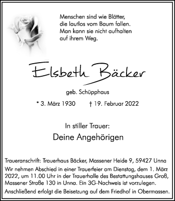 Traueranzeige von Elsbeth Bäcker