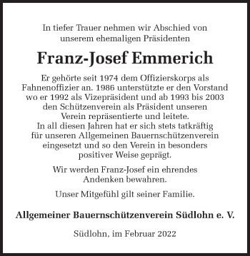 Traueranzeige von Franz-Josef Emmerich von Münstersche Zeitung und Münsterland Zeitung