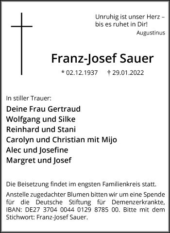 Traueranzeige von Franz-Josef Sauer von Hellweger Anzeiger