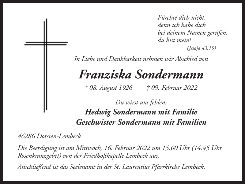  Traueranzeige für Franziska Sondermann vom 12.02.2022 aus Ruhr Nachrichten und Dorstener Zeitung