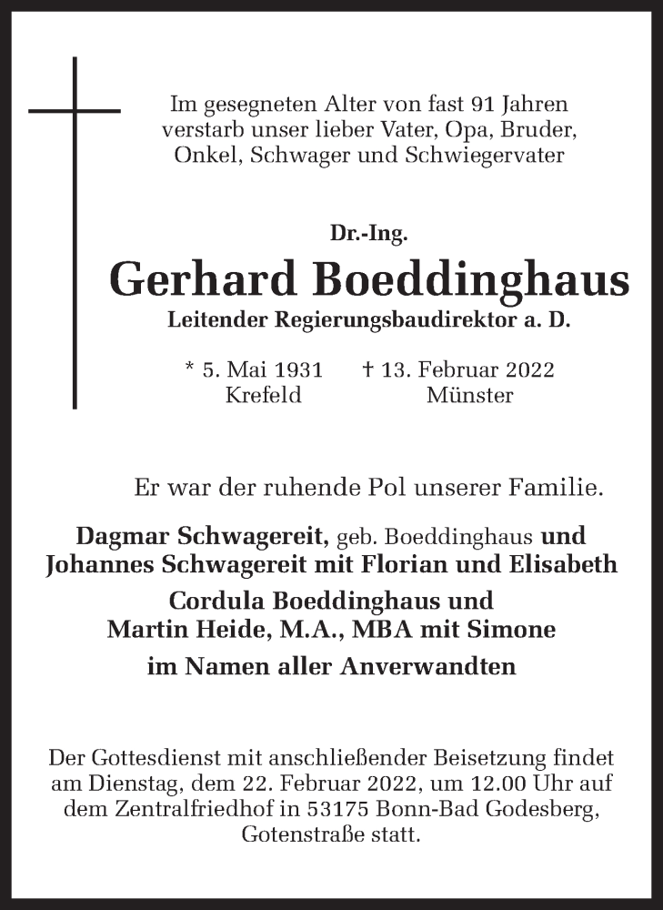  Traueranzeige für Gerhard Boeddinghaus vom 19.02.2022 aus 