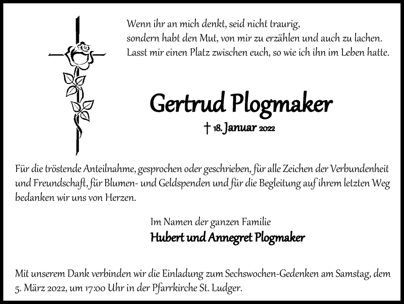  Traueranzeige für Gertrud Plogmaker vom 25.02.2022 aus Ruhr Nachrichten