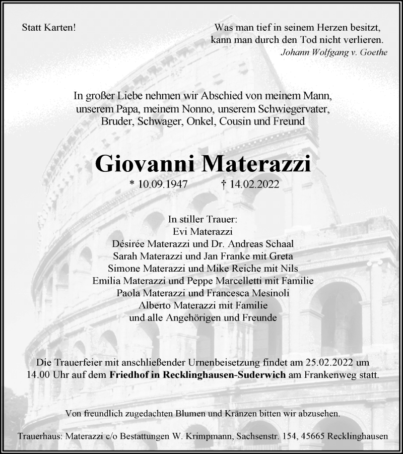  Traueranzeige für Giovanni Materazzi vom 19.02.2022 aus Medienhaus Bauer