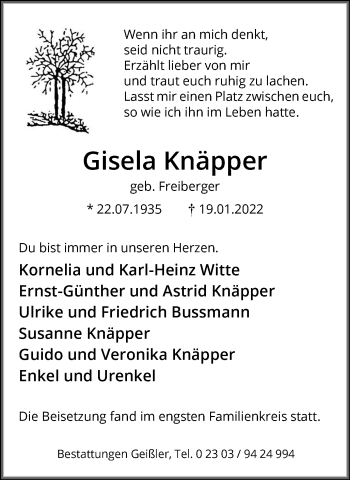 Traueranzeige von Gisela Knäpper von Hellweger Anzeiger
