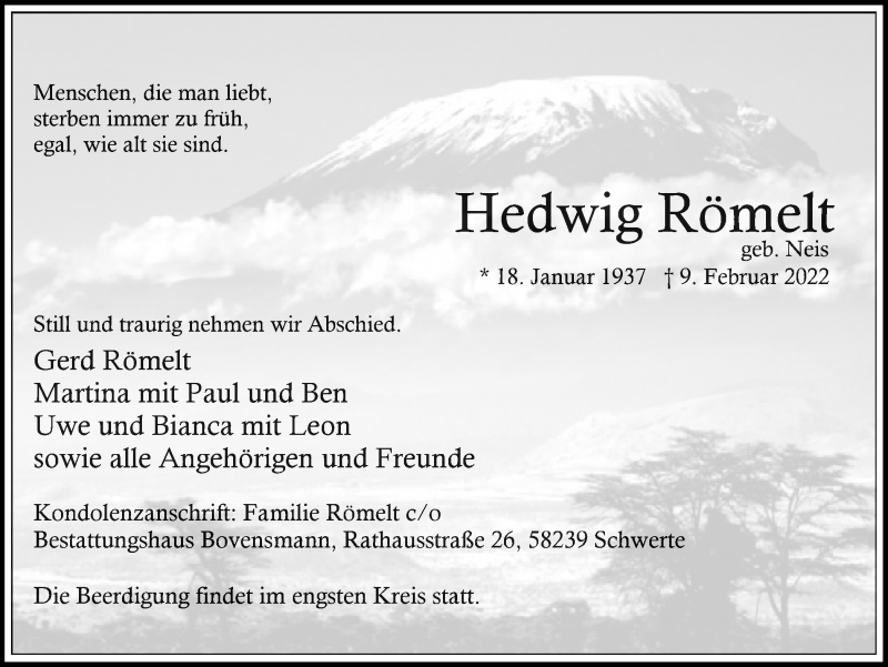  Traueranzeige für Hedwig Römelt vom 19.02.2022 aus Ruhr Nachrichten