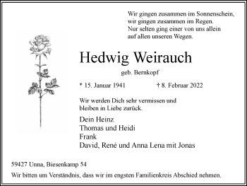 Traueranzeige von Hedwig Weirauch