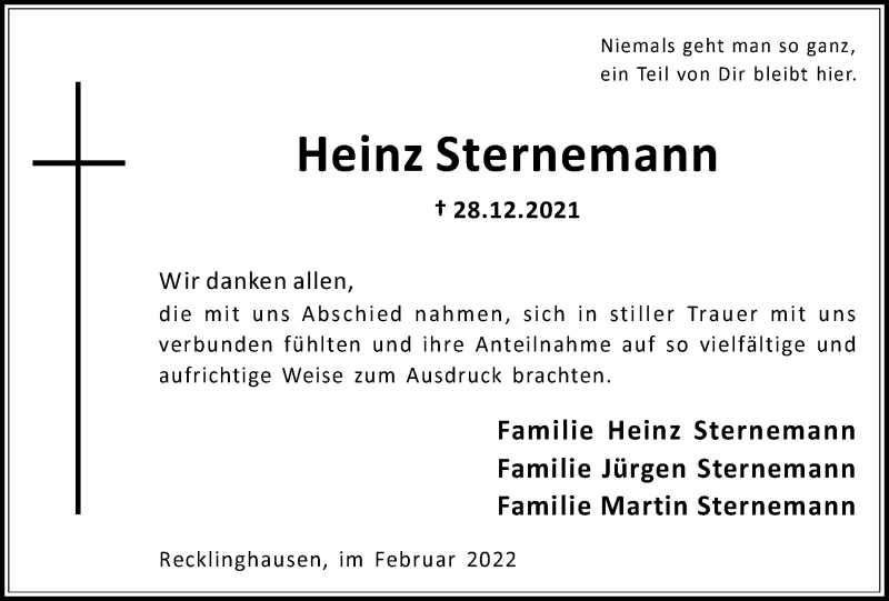  Traueranzeige für Heinz Sternemann vom 26.02.2022 aus Medienhaus Bauer