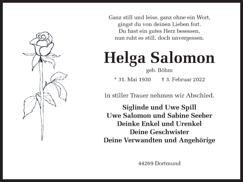  Traueranzeige für Helga Salomon vom 19.02.2022 aus 