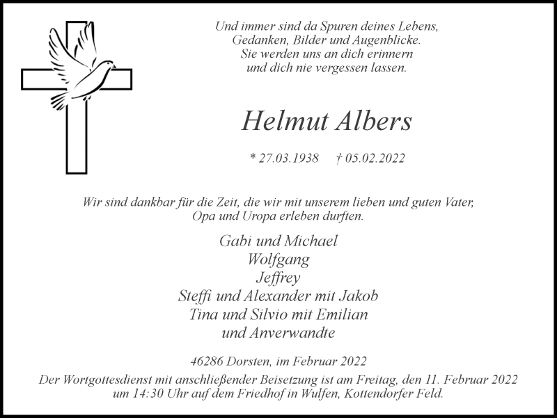  Traueranzeige für Helmut Albers vom 09.02.2022 aus Ruhr Nachrichten und Dorstener Zeitung