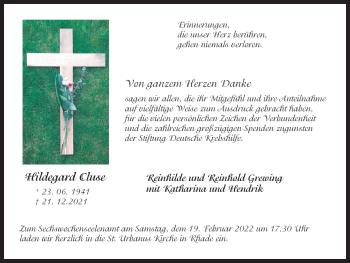 Traueranzeige von Hildegard Cluse von Ruhr Nachrichten und Dorstener Zeitung