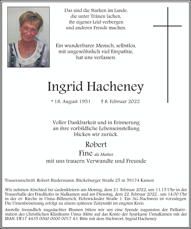  Traueranzeige für Ingrid Hacheney vom 15.02.2022 aus Hellweger Anzeiger
