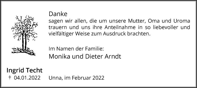  Traueranzeige für Ingrid Techt vom 12.02.2022 aus Hellweger Anzeiger