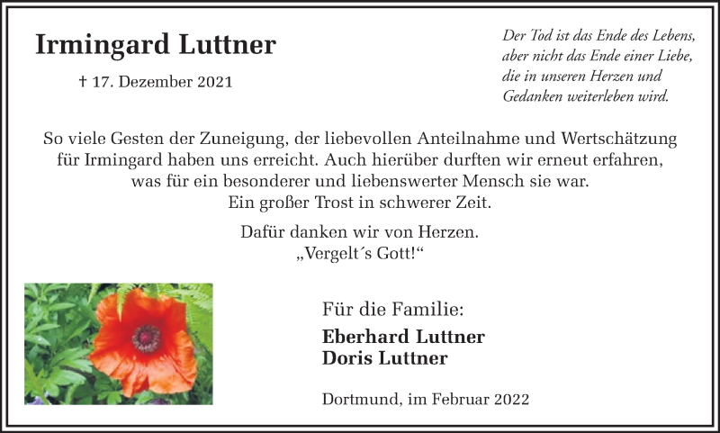  Traueranzeige für Irmingard Luttner vom 19.02.2022 aus 