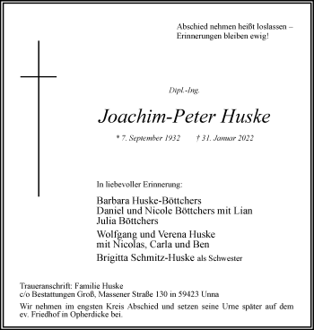 Traueranzeige von Joachim-Peter Huske